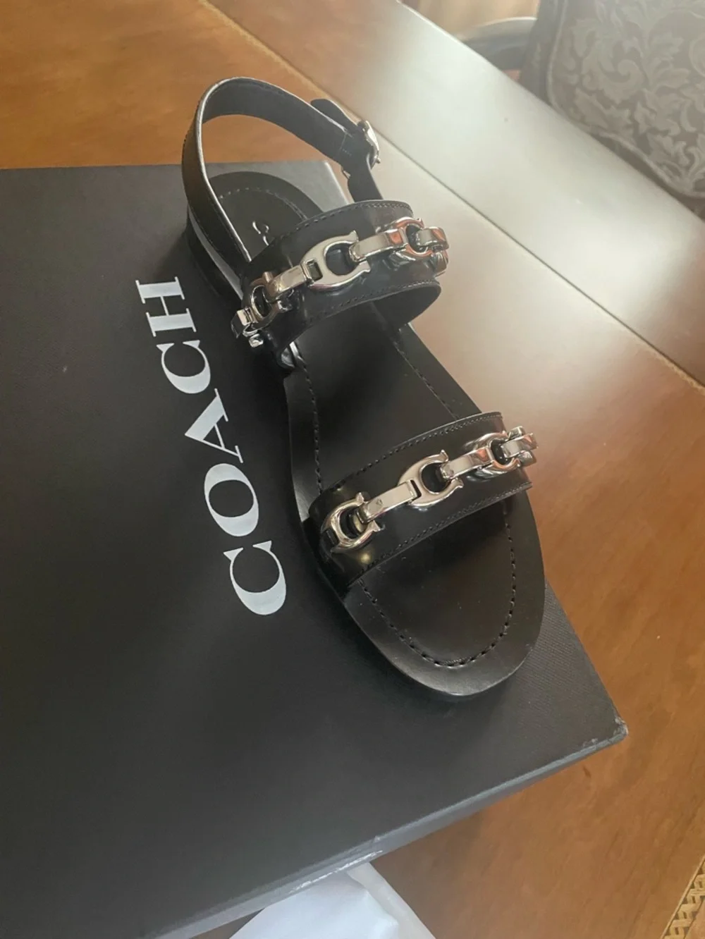 Coach Black Leather Sandal with Silver Chain Detail - Picture 4 of 10